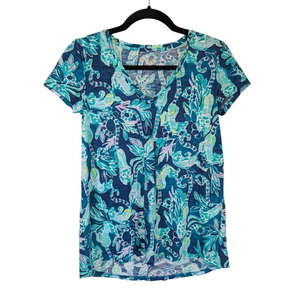 Lilly Pulitzer Top All Over Print Floral Etta T-Shirt Tropical Beach Women's XS